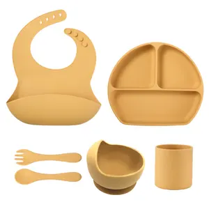 Baby Feeding Set Bpa Free Silicone Silicone Five-piece Fork And Spoon Placemat Bib Plate Bowl Silicone Baby Feeding Set