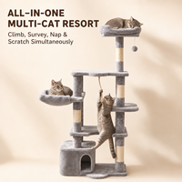 Arbre à chat en peluche grise en gros, 145 cm, tour à chat multi-niveaux avec poteau à gratter en corde de sisal, maison pour chat, perchoir supérieur, OEM