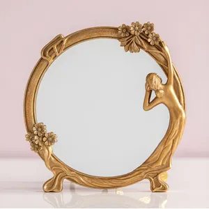 Grosir Bingkai Cermin Barok Bulat Klasik Emas Antik Dekorasi Cina Kustom dengan Bunga