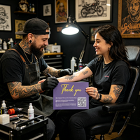 Cartes de remerciement personnalisées avec logo en or mat violet et code QR pour les réseaux sociaux, pour les commentaires des clients