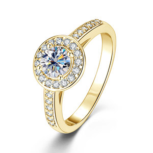 Anillos de Moissanita con Certificado GRA, Corte Redondo, Color D, VVS1, 0.5ct, con Halo y Piedras Laterales de Circonita Cúbica, Cobre con Baño de Oro de 14K, Joyería para Mujer - Product Image 5