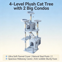 Tour pour chat en lin gris clair moelleux avec deux condos fermés, hauteur réglable, poteaux à gratter en sisal écologiques et balles suspendues