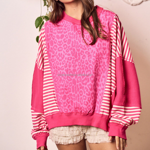 Sudadera de <span class=keywords><strong>Mujer</strong></span> al por Mayor, Moderna, Color Rosa Intenso, Estampado de Leopardo, Rayas, Patchwork, Cuello Redondo, Talla Grande - Product Image 6