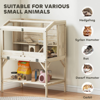 Cage pour petits animaux en bois de sapin écologique moderne, nichoir surélevé pour hamster avec étagère de rangement, toit ouvrable et fenêtre de vue pour le jeu