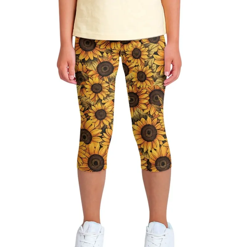 Vintage Custom Zonnebloem Full Print Yoga Leggings Voor Kinderen Kleding Snel Droog Fitness Classic Capri Leggings Kinderen Meisje Broek