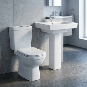 Ensemble sanitaire de salle de bain en céramique avec WC à double chasse et lavabo sur colonne - Product Image 2