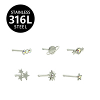 6 pièces Piercings de nez en acier inoxydable 316L avec pierre AB, bijoux de piercing pour femmes et hommes, hypoallergéniques