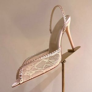 8.5CM/10CM De Tacon Women's Lace Rhinestone Slingback <b>Heels</b> Pointed Toe Stiletto Sandals for Wedding Party Evening - Product Image 3
