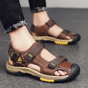 Men's Genuine Leather <b>Sandals</b> Summer Breathable Anti Slip Soft Sole <b>Closed</b> <b>Toe</b> Outdoor Beach Shoes Durable - Product Image 1