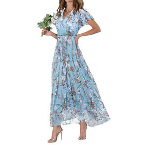 Nouvelle Robe Longue d'Été en Mousseline Florale à Manches Courtes, Style Simple et Doux, Col en V à Volants, Tendance, Taille Cintrée, Fluide - Product Image 4