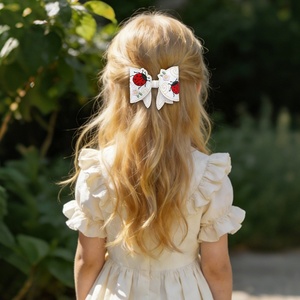 Barrette à cheveux en cuir PU brodée de coccinelle et de fleurs pour enfants, avec nœud, faite à la main, cadeau mignon - Product Image 5