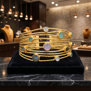 Brazalete de Latón con Gemas de Arcoíris, Bañado en Platino, Estilo Étnico, Unisex, Apilable - Product Image 3