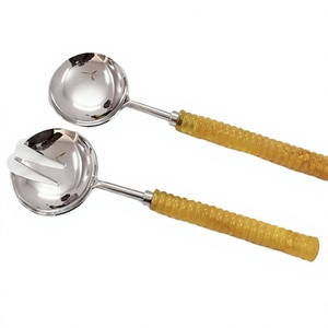 Decorative Yellow Resin Handle Stainless Steel Salad Serving Spoon Fork Set Hot Selling Salad Tools Tableware Used Salad <b>Server</b> - Product Image 1