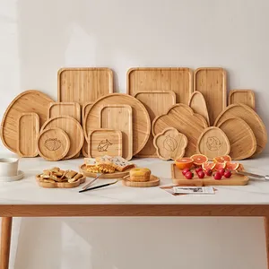 Fabricación de logotipo grabado, madera de bambú Natural, pequeños platos redondos para frutas secas, bandeja rectangular para servir té