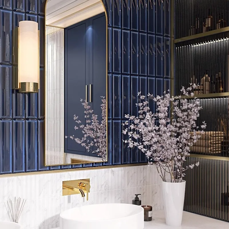 Blue Strip Bathroom Tiles Retro French Jazz White Mosaic Simple Luxury Bathroom Kitchen Terrazzo Floor Tiles