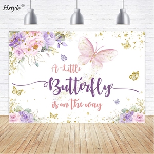 Fondo con forma de mariposa para Baby Shower, telón de 5x3 pies con diseño de mariposa pequeña, color morado y Rosa, con flores doradas florales - Product Image 4