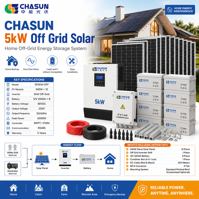 CHASUN 5kW off Grid Solar Energy System Complete Kit 12x 340W Monocrystalline Panels MPPT Inverter 48V Battery RS485 Home