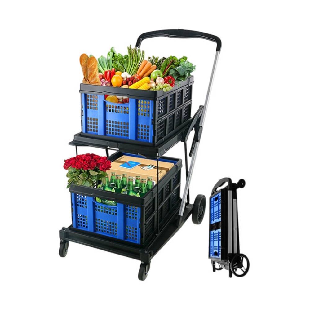 2-Tier Collapsible Utility Cart With Foot Brake - Foldable Shopping Cart With Basket, Blue