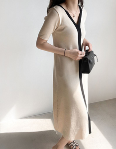 Abito lungo HANO donna estate stile coreano lavorato a <span class=keywords><strong>maglia</strong></span> sottile abito lungo <span class=keywords><strong>nero</strong></span> bianco Casual elegante Vintage manica corta - Product Image 4