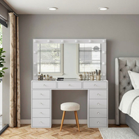 Table de toilette en verre avec miroir éclairé par LED et prise de courant, table de maquillage avec tiroirs, table de toilette d'entrée