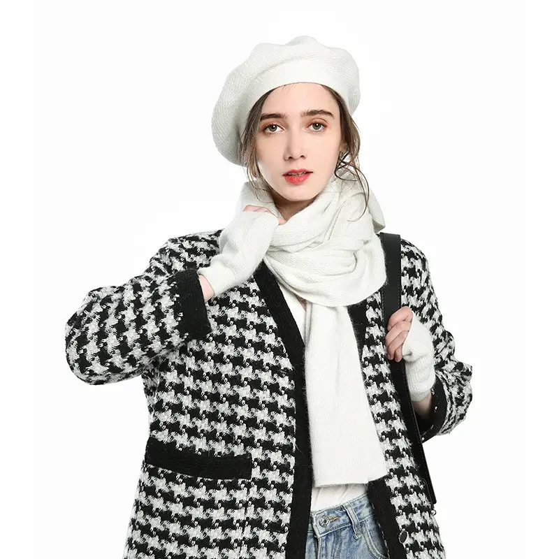 カスタムニット帽厚く保つ暖かいぬいぐるみスカーフハットグローブセット女性屋外防風ソリッドベレットグローブスカーフ3個セット