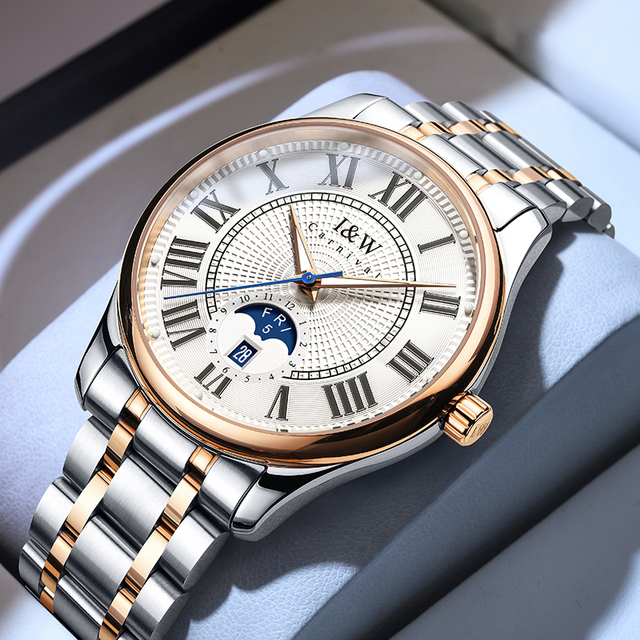 High Quality Custom Moonphase Luxury Skeleton Mechanical Water Resistant 5ATM Stainless Steel Wristwatch Minimalist Dial 5mm