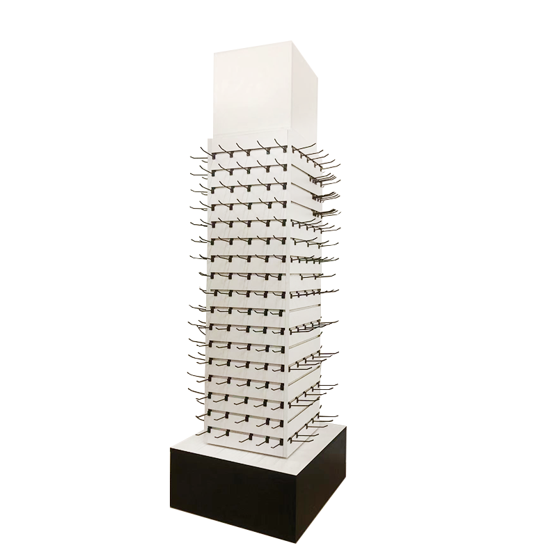 Earring Promotion Station Floor Standing for Wood+Metal with 4 Sides Square Wooden Shelf and Removable Hooks for Home Use