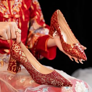 <b>Lace</b> <b>Pumps</b> Pointed Toe Block Heel High Wedding Shoes Bridal Floral Satin Lining Rhinestones 6555F - Product Image 2