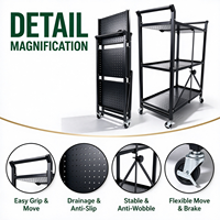 Chariot utilitaire pliable à 3 niveaux en fer, revêtement poudré, capacité 45 kg, chariot de rangement, organisateur pour cuisine et salle de bain