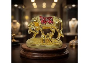 OM Shubh Labh Gold Plated Cow and Calf Figurine Kamadhenu Idol <b>Religious</b> Home Decor Decorative Gift <b>Statue</b> - Product Image 6