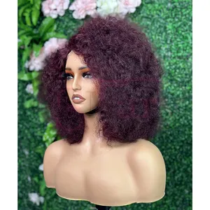 Grosir pemasok rambut 13*4 T renda Wig Frontal Virgin rambut manusia vendor Afro keriting 99J warna 13*6 Wig Frontal renda