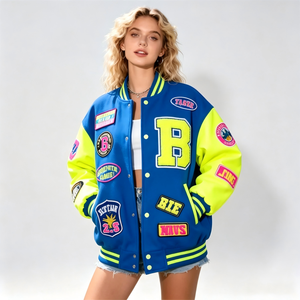 <span class=keywords><strong>Veste</strong></span> universitaire pour <span class=keywords><strong>femme</strong></span> <span class=keywords><strong>bleu</strong></span> néon jaune avec multiples patchs, manches en similicuir chenille, mélange de laine, style Letterman - Product Image 4