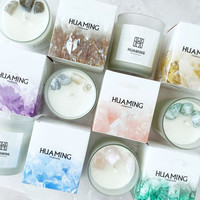 Huaming personnalisé cire de soja naturelle huile essentielle de plante de luxe couleur cristal parfumée guérison aromathérapie bougie boîte-cadeau avec gemme