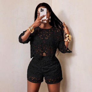 Nuovo Completo Autunnale da Donna in Due Pezzi, Tinta Unita con <span class=keywords><strong>Pizzo</strong></span> Traforato, Sexy e Aderente - Product Image 2