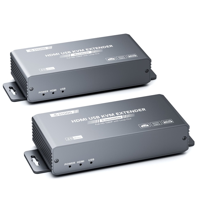SYONG 4K HDMI USB Extender 60M 196FT Cat5e/Cat6 Ethernet Cable HDMI KVM Transmitter Receiver USB Keyboard Mouse Control