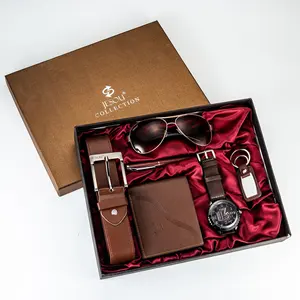Set Hadiah Jam Tangan Kulit Pria, Dompet Pena Kacamata Hitam Rantai Kunci Set Jam Tangan dan Gelang Modis 5 Buah
