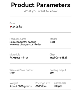 Yesido semi-conducteur refroidissement double éclairage ambiant 15W charge rapide chargeur <span class=keywords><strong>sans</strong></span> <span class=keywords><strong>fil</strong></span> <span class=keywords><strong>support</strong></span> de téléphone de <span class=keywords><strong>voiture</strong></span> C311 - Product Image 5