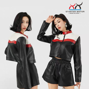 Blouson moto court pour femme, style aviateur sexy en cuir color-block, pour l'exportation transfrontalière, nouveau modèle - Product Image 3