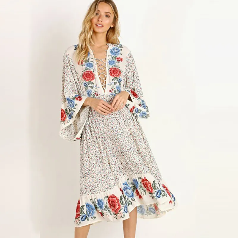 Boho 스타일 2019 여름 레이온 드레스 Tassels 화이트
