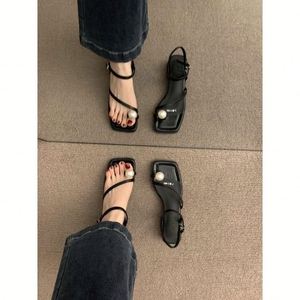 2026 Summer New French Style Pearl Decor <b>Open</b> <b>Toe</b> Sandals <b>Silver</b> square <b>Toe</b> Block <b>Heel</b> Roman Shoes Women - Product Image 4