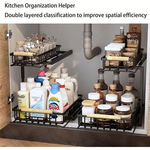 Metal Steel 2pcs 2 Tier Under Bathroom Sink Organizer <b>Shelf</b> Rack 2 Tier Under Sliding Organizer Basket and Storage - Product Image 6