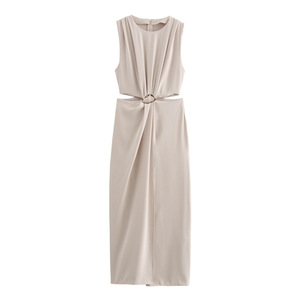 <span class=keywords><strong>Robe</strong></span> midi <span class=keywords><strong>chic</strong></span> à découpes à la taille 2026 sans manches avec boucle métallique et plis sur le devant, <span class=keywords><strong>robe</strong></span> de soirée décontractée - Product Image 3