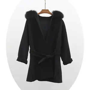 Janefur Manteau européen en cachemire à col en fourrure de renard véritable cousu à la main avec ceinture Long manteau d'hiver en laine pour femmes à la mode avec fourrure