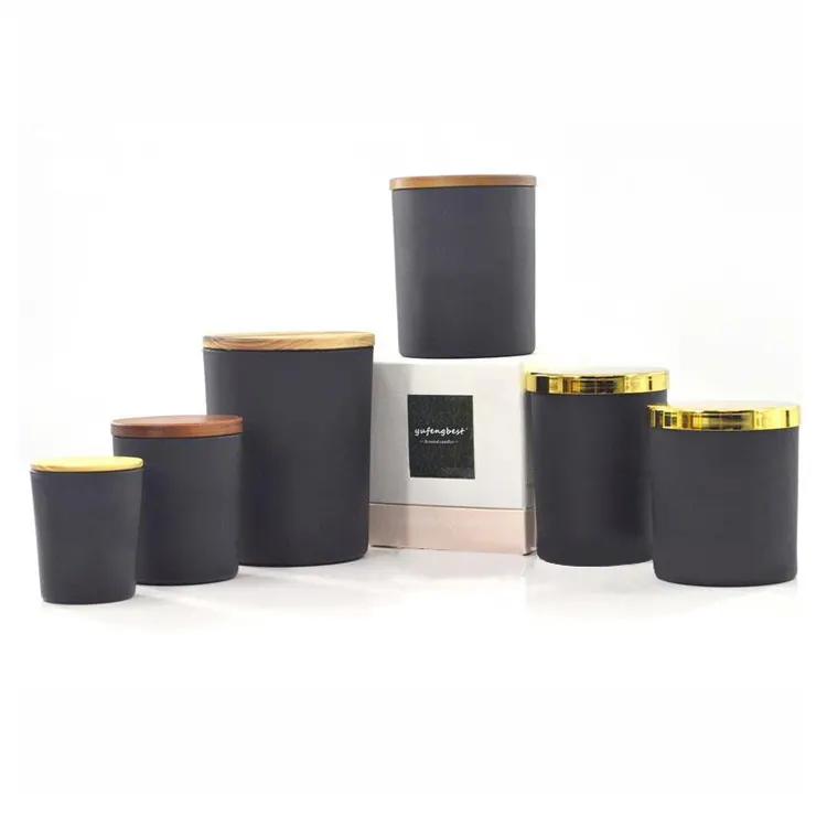 7oz 10oz 15oz empty candle holders black glass candle jars with wooden lids
