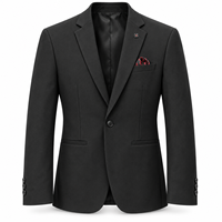 Setelan Jas Pria Hitam 2 Potong Custom MOQ Rendah, Blazer Single Breasted Notch Lapel, Celana Flat Front, untuk Bisnis, Pernikahan, dan Pesta