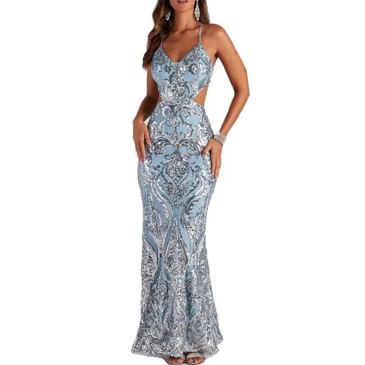 Women sexy v neck strap luxury sequin prom dresses high quality chic evening dress Formal Party bridesmaid dresses