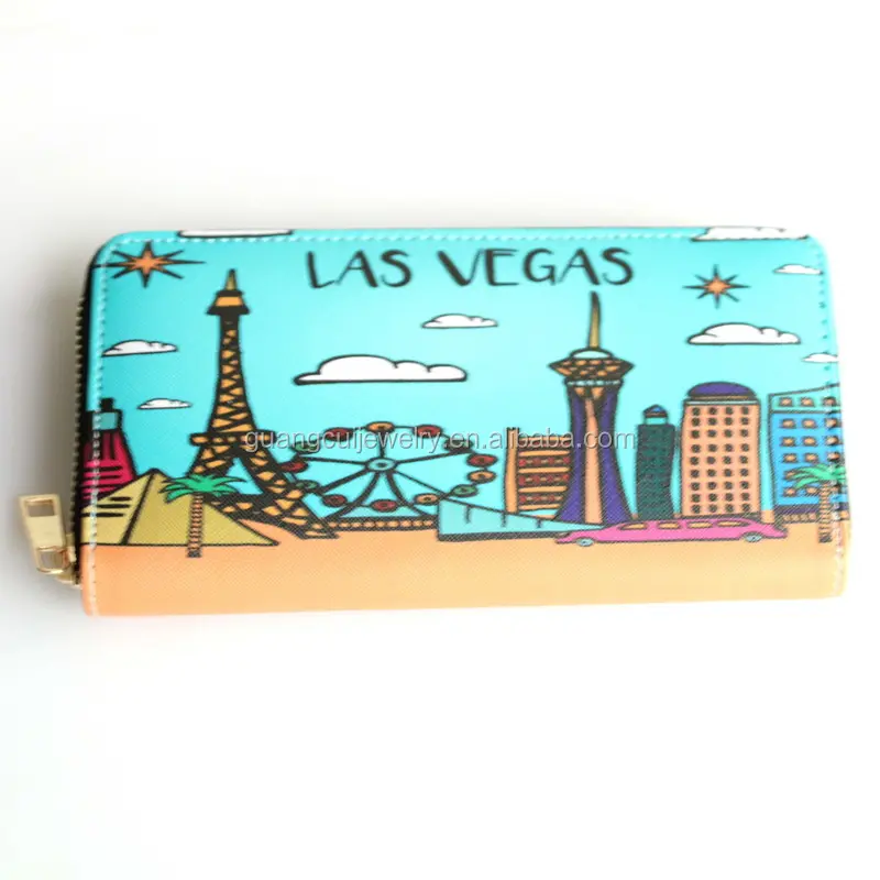 Logo kustom cetak Las Vegas souvenir dompet kulit wanita Barat