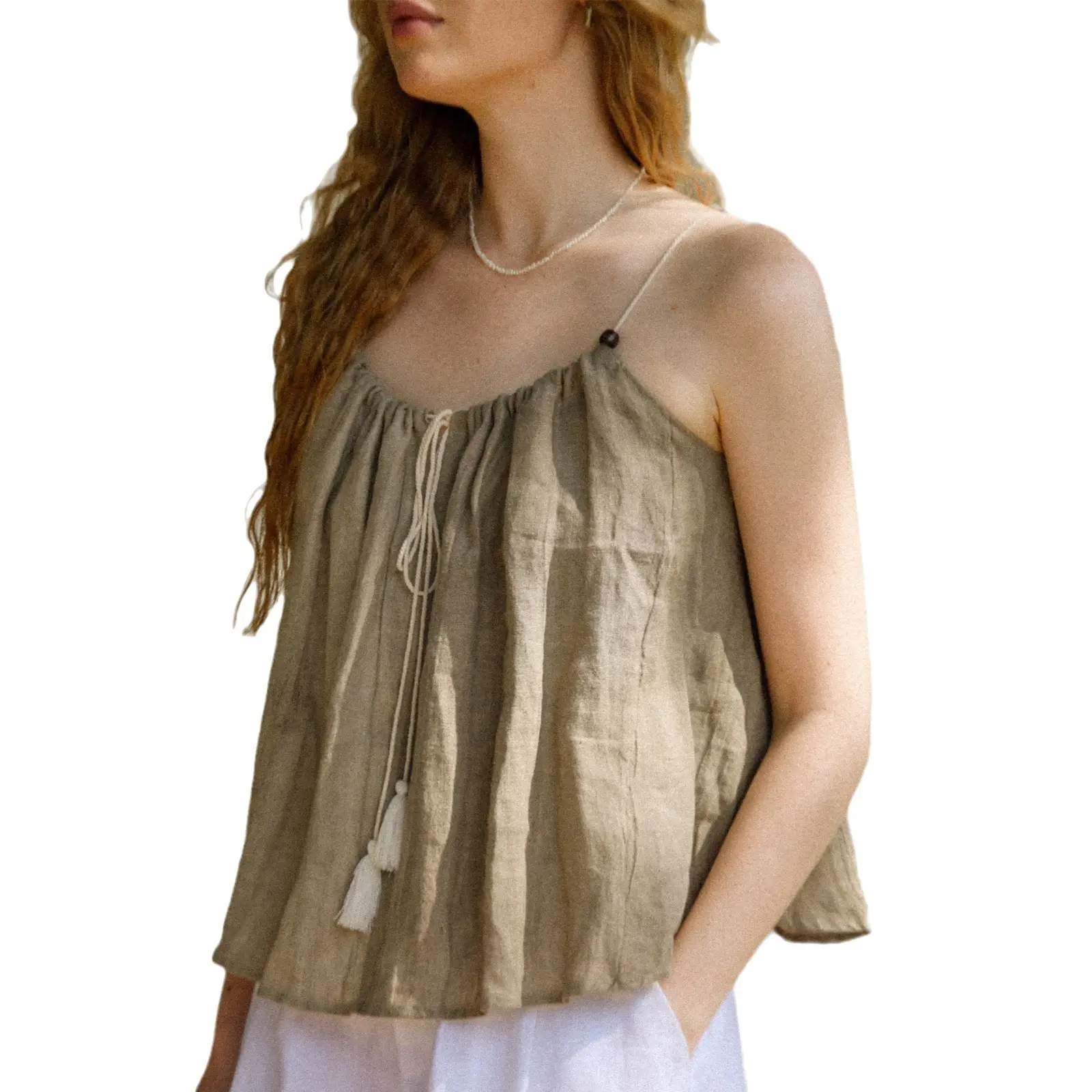 Pakaian wanita ukuran Plus sederhana blus Linen 100% musim panas atasan elegan modis tanpa lengan selempang
