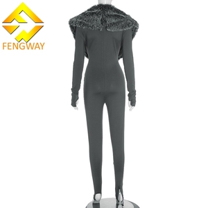 Autunno inverno nuova tuta Sexy con collo in pelliccia da donna manica lunga scollo a V Skinny in generale con scaldagambe tuta di un pezzo - Product Image 3