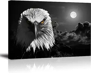 Eagle Wall Art Decor living room picture of bald eagles on Moon night in black and white canvas print decorative painting